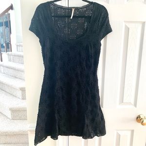 Free People Black Floral Lace Scoop Neck Fit and Flare Mini Dress
